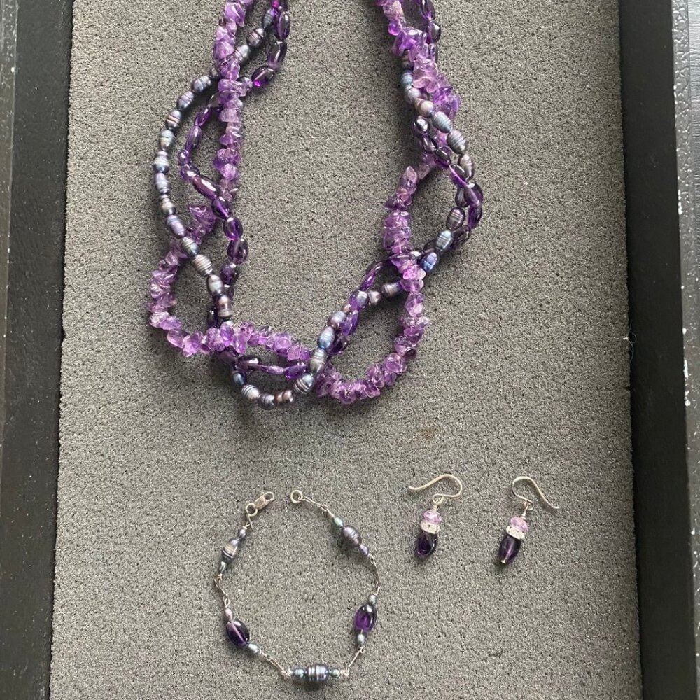 Amethyst & Freshwater Pearl Necklace, Earrings, Bracelet Set